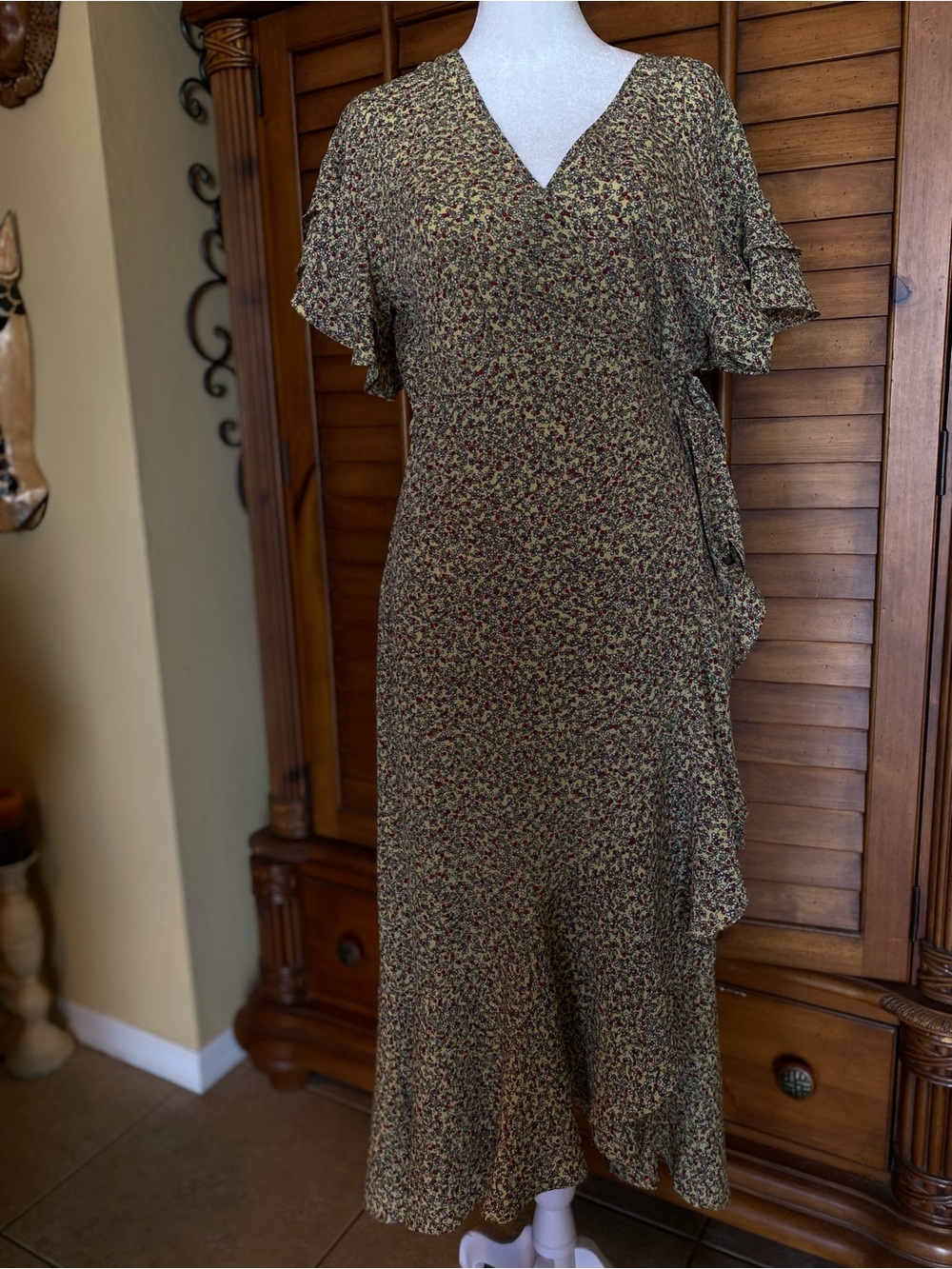 Floral Olive Green Wrap-Style Midi Dress